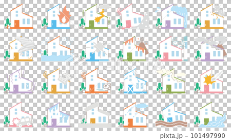 火災保険などの補償内容に使いやすいトラブルや自然災害に遭うシンプルな家のアイコンセット(カラー) 火災保険などの補償内容に使いやすいトラブルや自然災害に遭うシンプルな家のアイコンセット(カラー) 101497990