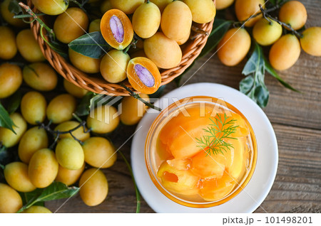 Sweet dessert marian plum fruit on bowl for food and wooden background, tropical fruit Name in Thailand sweet Yellow Marian Plum Maprang Plango or Mayong chid Sweet dessert marian plum fruit on bowl for food and wooden background, tropical fruit Name in Thailand sweet Yellow Marian Plum Maprang Plango or Mayong chid 101498201