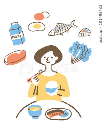 栄養を考えながらご飯を食べている女性_色 栄養を考えながらご飯を食べている女性_色 101498432