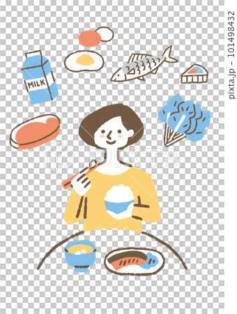 栄養を考えながらご飯を食べている女性_色 栄養を考えながらご飯を食べている女性_色 101498432