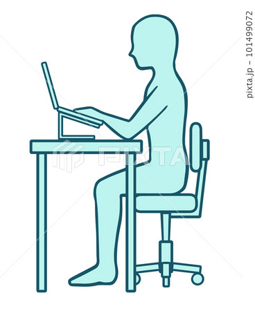 正しい姿勢でデスクワークをする人、シルエット青、線画 101499072