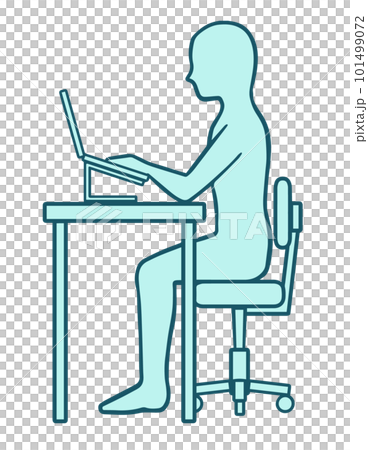 正しい姿勢でデスクワークをする人、シルエット青、線画 101499072