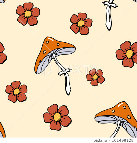 Toadstool mushroom and flowers seamless pattern background design 70s retro style warm color palette 101499129