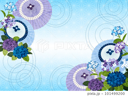 あじさいと和傘の梅雨和背景ヨコ水色 あじさいと和傘の梅雨和背景ヨコ水色 101499200