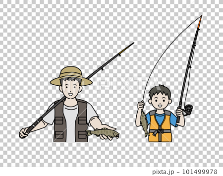 Illustration of a man and a boy fishing - Stock Illustration
