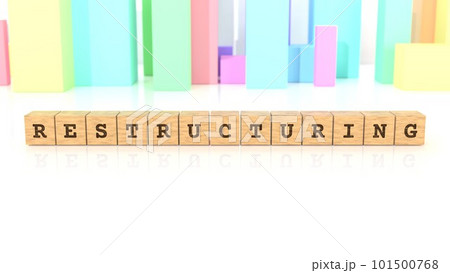 RESTRUCTURINGの文字が印字された木製ブロック 101500768