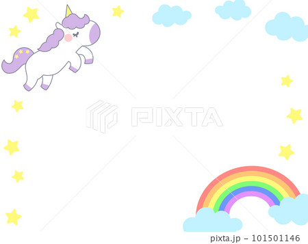 虹とカラフルなかわいいユニコーンのフレーム背景素材 101501146