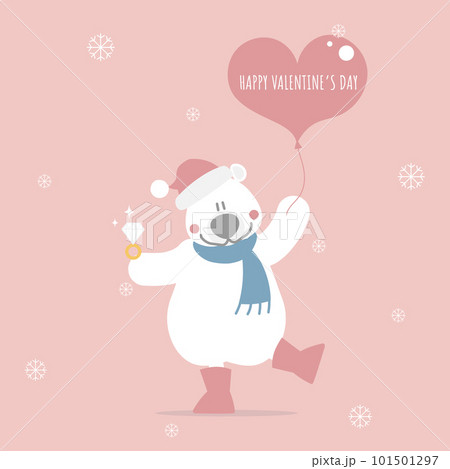 cute and lovely hand drawn teddy bear holding heart balloon and ring, happy valentine's day, love concept 101501297