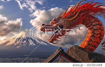 富士山を背景に空を飛ぶ龍 AI画像のイラスト素材 [101501488] - PIXTA