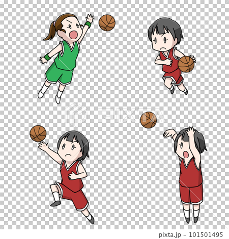 バスケットボールをする女性のイラスト4パターン バスケットボールをする女性のイラスト4パターン 101501495