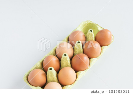 Eggs from egg tray isolated on white background. Eggs protected in a light paper recycling tray Eggs from egg tray isolated on white background. Eggs protected in a light paper recycling tray 101502011