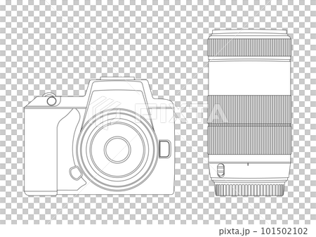 Line drawing illustration of single-lens reflex camera and zoom lens Line drawing illustration of single-lens reflex camera and zoom lens 101502102