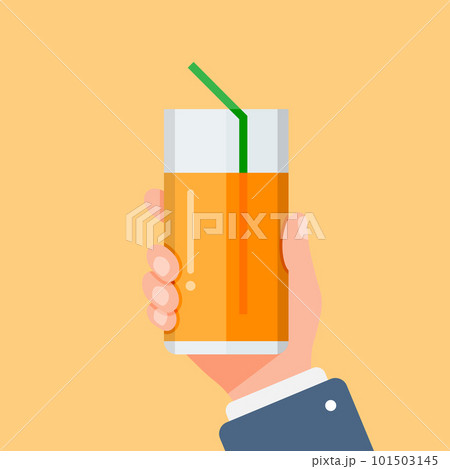 Orange juice in hand icon in flat style. Fruit beverage vector illustration on isolated background. Citrus drink sign business concept. Orange juice in hand icon in flat style. Fruit beverage vector illustration on isolated background. Citrus drink sign business concept. 101503145