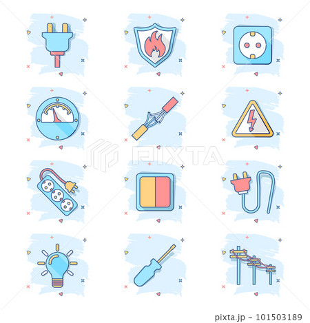 Vector cartoon high voltage power lines icon in comic style. Electric pole sign illustration pictogram. Power line business splash effect concept. Vector cartoon high voltage power lines icon in comic style. Electric pole sign illustration pictogram. Power line business splash effect concept. 101503189