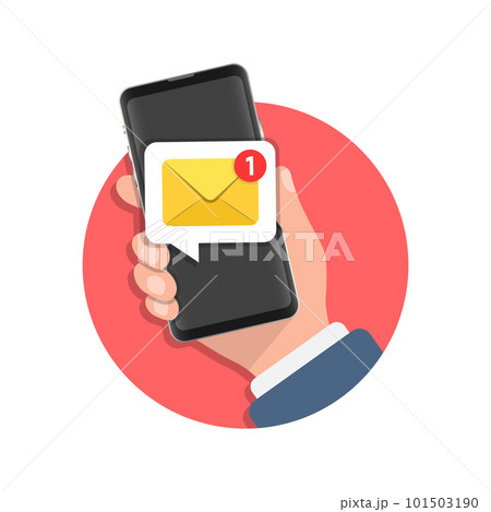 Hand holding smartphone icon in flat style. Incoming message vector illustration on isolated background. Email notification sign business concept. 101503190