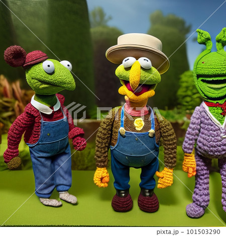 Knitted garden and family puppet. AI generated 101503290