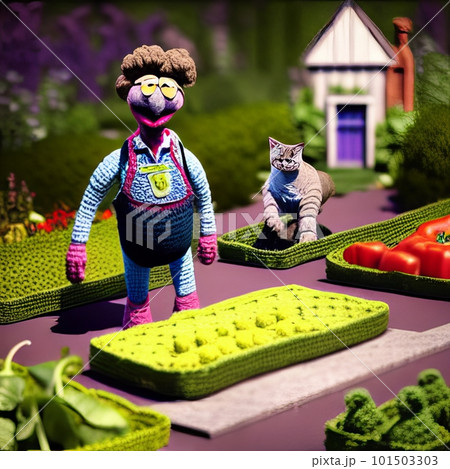 Knitted garden and family puppet. AI generated 101503303