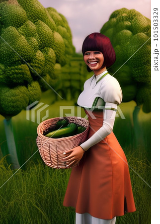 Smiling woman with her vegetable harvest 101503329