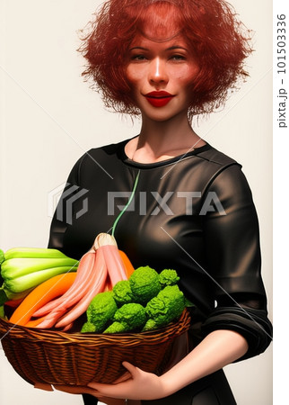 Woman holding the basket of her vegetable harvest 101503336