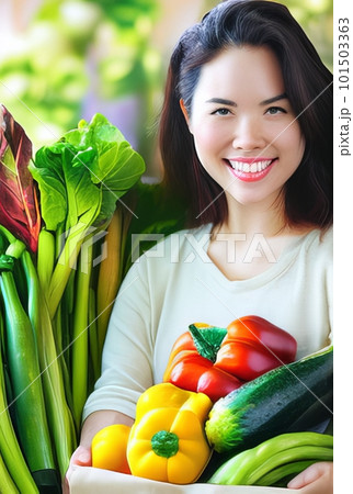 Smiling woman with her vegetable harvest 101503363