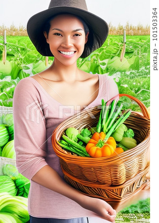 Smiling woman with her vegetable harvest 101503364