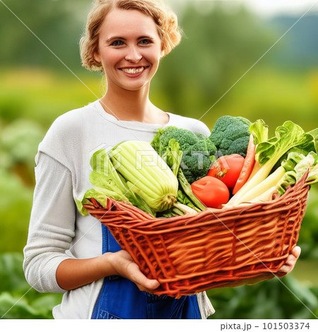 Smiling woman with her vegetable harvest 101503374