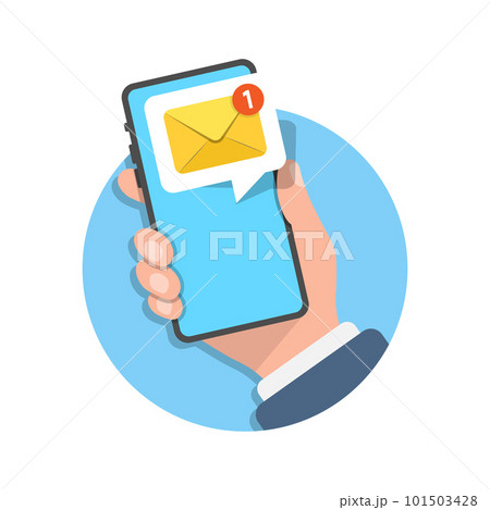 Hand holding smartphone icon in flat style. Incoming message vector illustration on isolated background. Email notification sign business concept. Hand holding smartphone icon in flat style. Incoming message vector illustration on isolated background. Email notification sign business concept. 101503428