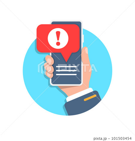 Phone notifications icon in flat style. Smartphone with exclamation point in hand vector illustration on isolated background. Spam message sign business concept. 101503454