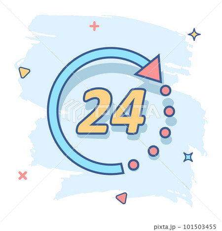 Vector cartoon time icon in comic style. 24 hours sign illustration pictogram. Clock timer business splash effect concept. 101503455