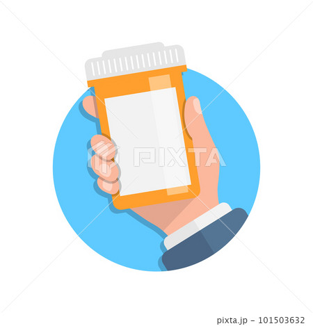 Pill bottle in hand illustration in flat style. Medical capsules vector illustration on white isolated background. Pharmacy sign business concept. Pill bottle in hand illustration in flat style. Medical capsules vector illustration on white isolated background. Pharmacy sign business concept. 101503632
