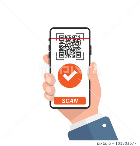 QR code scan illustration in flat style. Mobile phone scanning vector illustration on isolated background. Barcode reader in hand sign business concept. 101503677