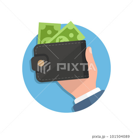 Wallet with money in hand illustration in flat style. Online payment vector illustration on isolated background. Cash and purse sign business concept. 101504089