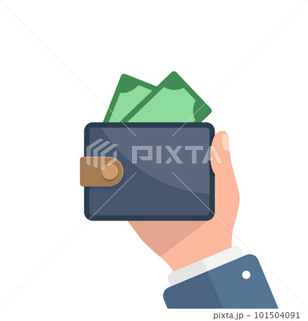 Wallet with money in hand illustration in flat style. Online payment vector illustration on isolated background. Cash and purse sign business concept. 101504091