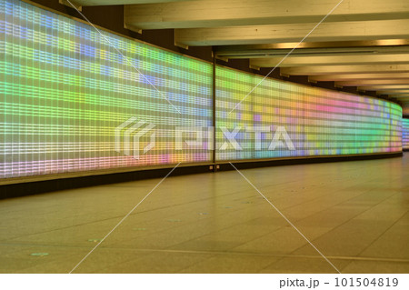 Inside view of a tunnel of Essen's Central Station in Germany with Rainbow lights 101504819