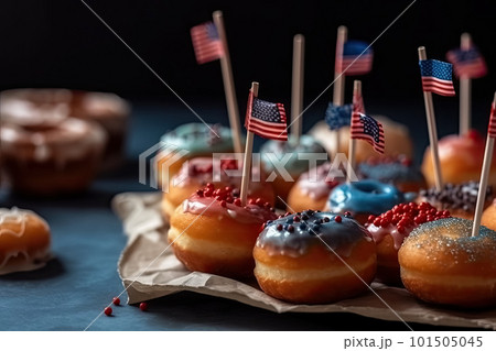 Patriotic donuts with American flag. 4th of July. Generative AI . Flag USA space for text  101505045