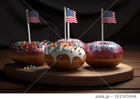 Patriotic donuts with American flag. 4th of July. Generative AI . Flag USA space for text Patriotic donuts with American flag. 4th of July. Generative AI . Flag USA space for text 101505046