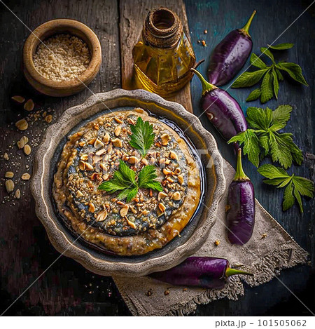 Baba ganoush baked eggplant with sesame paste with ingredients, top view on a dark background. Baba ganoush baked eggplant with sesame paste with ingredients, top view on a dark background. 101505062