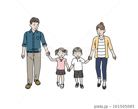 手をつないで歩く親子、家族のイラスト 手をつないで歩く親子、家族のイラスト 101505085