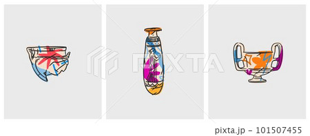 Hand drawn vector abstract outline,graphic,contemporary art greek ancient sculpture old vase line modern drawing set.Antique classic ancient vase in trendy style,outline design concept.Vase art set. 101507455