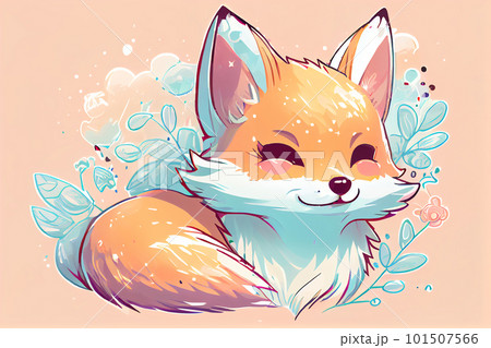 Cute adorable kawaii fox. Greeting cartoon doodleのイラスト素材