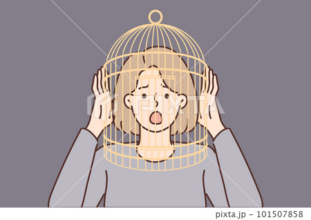 Girl with cage on head screams having fallen into mental trap negatively affects psychological state 101507858