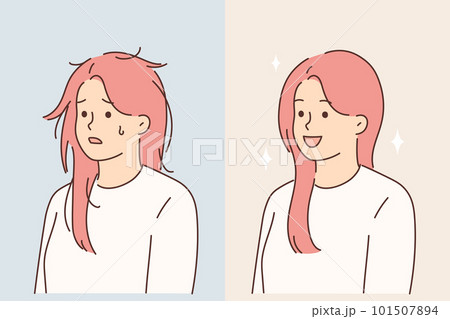 Woman before and after using quality cosmetic hair shampoo or going to hairdresser 101507894