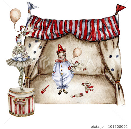 Watercolor circus composition in vintage style. Perfect for wedding, invitations, blogs, card templates, birthday and baby cards, patterns, quotes. isolater on white background.Cute circus animals. 101508092