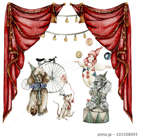 Watercolor circus composition in vintage style. Perfect for wedding, invitations, blogs, card templates, birthday and baby cards, patterns, quotes. isolater on white background.Cute circus animals. 101508093
