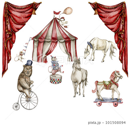 Watercolor circus composition in vintage style. Perfect for wedding, invitations, blogs, card templates, birthday and baby cards, patterns, quotes. isolater on white background.Cute circus animals. 101508094