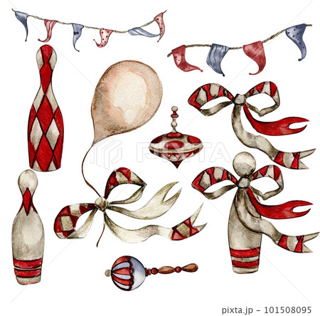 Watercolor circus composition in vintage style. Perfect for wedding, invitations, blogs, card templates, birthday and baby cards, patterns, quotes. isolater on white background.Cute circus animals. 101508095
