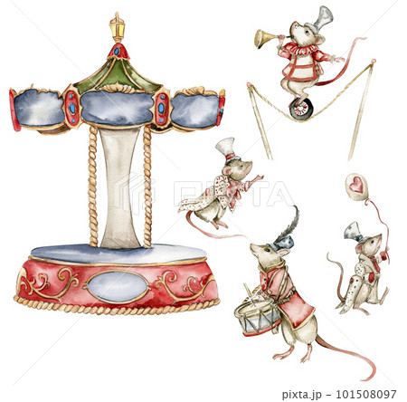 Watercolor circus composition in vintage style. Perfect for wedding, invitations, blogs, card templates, birthday and baby cards, patterns, quotes. isolater on white background.Cute circus animals. 101508097
