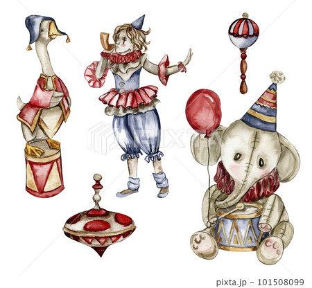 Watercolor circus composition in vintage style. Perfect for wedding, invitations, blogs, card templates, birthday and baby cards, patterns, quotes. isolater on white background.Cute circus animals. 101508099