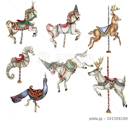 Watercolor circus composition in vintage style. Perfect for wedding, invitations, blogs, card templates, birthday and baby cards, patterns, quotes. isolater on white background.Cute circus animals. 101508100