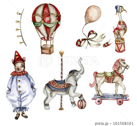 Watercolor circus composition in vintage style. Perfect for wedding, invitations, blogs, card templates, birthday and baby cards, patterns, quotes. isolater on white background.Cute circus animals. 101508101
